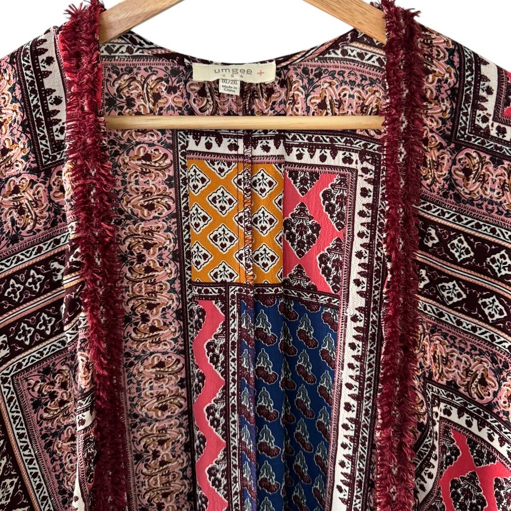 Umgee Mix Block Print Boho Patchwork Open Front Kimono Duster Plus Size 1XL/2XL - Picture 2 of 6
